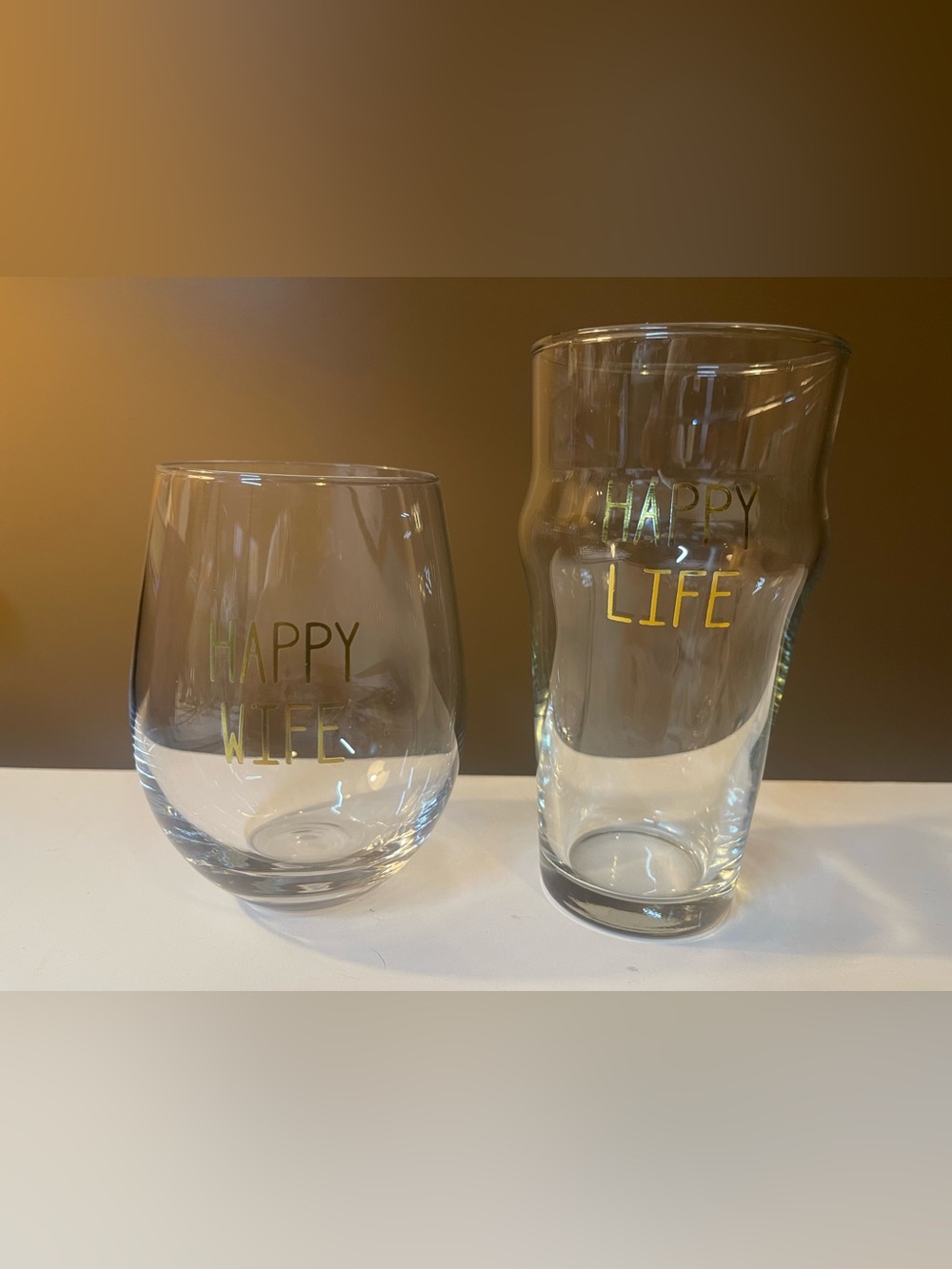 Happy Life Gold Lettering Glasses - Clear Set of 2